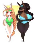  2018 anthro big_breasts big_eyes black_fur black_hair black_nose breast_size_difference breasts brown_fur brown_hair canine cleavage clothed clothing doberman dog duo eyeliner female front_view fur hair headband laverne_(sssonic2) leotard long_ears long_hair makeup mammal monidraws multicolored_fur no_pupils pink_eyes pointy_ears smile standing tan_fur two_tone_fur white_fur yellow_eyes 