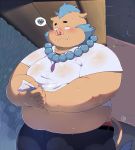  2018 anthro belly blush boar brown_fur clothing fur gouryou humanoid_hands male mammal mohawk night overweight overweight_male pants porcine quanjiang raining shirt solo tokyo_afterschool_summoners tusks wet 