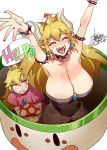  2girls ^_^ ^o^ annoyed armpits arms_up blonde_hair blue_eyes blush borrowed_design bowsette bracelet breasts cleavage closed_eyes collar commentary_request crown cup dress english eyebrows eyebrows_visible_through_hair fangs forked_eyebrows half-closed_eyes happy huge_breasts jewelry koopa_clown_car mario_(series) mizuryuu_kei multiple_girls mushroom new_super_mario_bros._u_deluxe open_mouth outstretched_arms outstretched_hand ponytail princess princess_peach sharp_teeth shoulder_spikes signature simple_background smile spiked_bracelet spiked_collar spikes standing strapless super_crown super_mario_world super_mushroom sweatdrop teeth text_focus white_background |d 