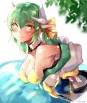  bikini blush bow commentary_request fate/grand_order fate_(series) green_hair hair_bow highres horns kano_(kanokano44) kiyohime_(fate/grand_order) kiyohime_(swimsuit_lancer)_(fate) leaning_forward long_hair looking_at_viewer looking_to_the_side smile solo swimsuit twitter_username yellow_bikini_top yellow_eyes 