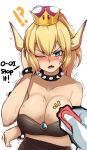  1girl absurdres arm_under_breasts armlet bangs bare_shoulders black_dress blonde_hair blue_eyes blush bowsette bracelet breasts cleavage collar collarbone controller crown dress english fang gem hand_on_own_face highres horns jewelry large_breasts long_hair looking_at_viewer mario_(series) nas_(z666ful) new_super_mario_bros._u_deluxe nose_blush one_eye_closed open_mouth ponytail remote_control simple_background slit_pupils solo_focus spiked_bracelet spiked_collar spikes strapless strapless_dress super_crown super_mario_bros. sweat trembling white_background 