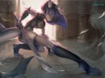  2018 5_fingers action_pose anthro armor breasts butt butt_pose clothed clothing detailed_background digital_media_(artwork) female fin fish hair holding_object holding_weapon kardie looking_at_viewer marine melee_weapon pose purple_hair shark solo sword unconvincing_armor weapon yellow_eyes 