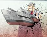  blonde_hair blue_eyes breasts cannon check_commentary commentary_request cracked_wall flower headgear highres kabe_ni_hamatte_ugokenai! kantai_collection large_breasts long_hair machinery military military_uniform nelson_(kantai_collection) red_flower red_rose rigging rose solo stuck through_wall tk8d32 turret uniform 