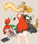  apron black_dress black_nails blonde_hair bowsette bowsette_jr. bracelet breathing_fire child collar commentary_request crown dress earrings fang fire hands_on_own_head horns jewelry mario_(series) mother_and_daughter multiple_girls nail_polish new_super_mario_bros._u_deluxe nintendo_switch red_hair shell short_ponytail shouting spiked_bracelet spiked_collar spikes super_crown super_mario_bros. tearing_up tetuhei transformation 