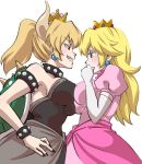  black_nails blonde_hair blue_eyes bowsette bracelet breast_contest breast_press breasts collar commentary_request crown dress earrings elbow_gloves face-to-face gloves grin horns jewelry large_breasts long_hair looking_at_another mario_(series) multiple_girls nail_polish new_super_mario_bros._u_deluxe pink_dress ponytail princess_peach puffy_short_sleeves puffy_sleeves risapaso shell short_sleeves smile spiked_bracelet spiked_collar spiked_shell spikes strapless strapless_dress super_crown super_mario_bros. symmetrical_docking turtle_shell white_background white_gloves yuri 