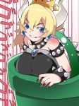  armband bare_shoulders blue_eyes blush bowsette bracelet brooch collar comic commentary_request crown eyebrows grin hammer_(sunset_beach) horns jewelry long_hair mario_(series) nail_polish new_super_mario_bros._u_deluxe shell smile solo spiked_bracelet spiked_collar spikes super_crown warp_pipe 