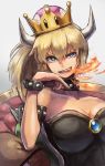 bare_shoulders blonde_hair blue_eyes bowsette breasts breathing_fire chair chin_rest cleavage collar commentary_request crown evil_smile fang fire highres horns kuroi_susumu large_breasts looking_at_viewer mario_(series) new_super_mario_bros._u_deluxe ponytail sharp_teeth sitting slit_pupils smile solo spiked_shell strapless studded_armlet studded_bracelet studded_collar super_crown teeth upper_body 