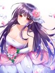  asagami_fujino bangs bare_shoulders blush bouquet breasts bride cleavage closed_mouth commentary_request dress earrings elbow_gloves eyebrows_visible_through_hair flower gloves hair_flower hair_ornament highres holding holding_bouquet jewelry kara_no_kyoukai long_hair looking_at_viewer ohitashi_netsurou petals purple_hair red_eyes shiny shiny_hair simple_background sleeveless sleeveless_dress smile solo strapless strapless_dress wedding_dress white_dress white_gloves 