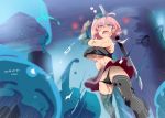  ahoge battle black_legwear blue_eyes blush breasts gloves monster nyuu_(manekin-eko) open_mouth original panties pink_hair short_hair slime solo sweat sword thighhighs underboob underwear weapon 