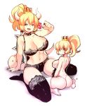  arm_support ass black_bra black_legwear black_nails black_panties blonde_hair blue_eyes blush borrowed_design bowsette bra breasts choker commentary crown horns kenron_toqueen lace lace-trimmed_bra lace-trimmed_panties lace-trimmed_thighhighs large_breasts lingerie looking_at_viewer mario_(series) mini_crown multiple_girls mushroom nail_polish navel new_super_mario_bros._u_deluxe panties princess_peach simple_background sitting size_difference smile spiked_choker spiked_shell spiked_tail spikes stomach super_crown super_mario_bros. tail thighhighs thong underwear white_bra white_legwear white_panties 