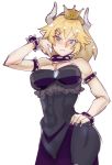  armlet blonde_hair blue_eyes blush bowsette bracelet breasts cleavage collar commentary_request crown dress frown horns jewelry large_breasts looking_at_viewer mario_(series) new_super_mario_bros._u_deluxe sekobicchi simple_background spiked_armlet spiked_bracelet spiked_collar spikes standing super_crown thick_eyebrows white_background 