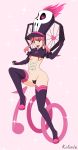  black_legwear blush breasts cameltoe hat highres jakuzure_nonon katanis kill_la_kill navel open_mouth pink_background pink_eyes pink_hair simple_background small_breasts smile solo thighhighs underboob 