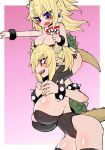  alligator_tail armlet bare_shoulders black_legwear black_leotard blonde_hair blue_eyes borrowed_design bowsette bowsette_jr. bracelet breasts carrying cleavage collar crown duplicate earrings fang grin highres horns jewelry katuu large_breasts leotard long_hair mario_(series) multiple_girls nail_polish new_super_mario_bros._u_deluxe panties riding scarf sharp_teeth shoulder_carry side-tie_panties smile source_request spiked_armlet spiked_bracelet spiked_collar spiked_shell spikes strapless strapless_leotard super_crown super_mario_bros. swimsuit tail teeth thick_eyebrows thighhighs underwear 