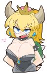  armlet bare_shoulders black_dress blonde_hair blue_eyes bowsette bracelet breasts collar commentary_request crown dress highres horns jewelry large_breasts mario_(series) new_super_mario_bros._u_deluxe op_na_yarou ponytail sharp_teeth simple_background solo spiked_bracelet spiked_collar spikes strapless strapless_dress super_crown teeth turtle_shell umigarasu_(magipro) white_background 