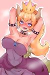  absurdres armlet armpits arms_behind_head arms_up bare_shoulders blonde_hair blue_eyes blush bowsette breasts cleavage collar collarbone commentary_request covered_navel covered_nipples crown dress earrings eyebrows eyebrows_visible_through_hair fangs highres horns jewelry large_breasts lizard_tail long_hair looking_at_viewer mario_(series) new_super_mario_bros._u_deluxe okuva open_mouth outline pink_background pointy_ears purple_dress sharp_teeth smile spiked_armlet spiked_collar spikes steam steaming_body strapless strapless_dress super_crown super_mario_bros. sweat tail teeth turtle_shell 