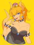  bare_shoulders blonde_hair blue_eyes bowsette bracelet breasts collar crown dress highres horns jewelry large_breasts long_hair looking_at_viewer mario_(series) new_super_mario_bros._u_deluxe ponytail simple_background smile solo spiked_bracelet spiked_collar spikes super_crown thick_eyebrows yasaikakiage 
