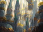  arch architecture bridge castle city commentary day english_commentary fantasy floating_island highres landscape magic:_the_gathering nature no_humans official_art outdoors pegasus scenery tower tree 