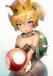  :o absurdres black_dress blue_eyes blush bowsette breasts carbon12th child cleavage collar crown dress earrings eyebrows fangs half-closed_eyes highres horns jewelry mario_(series) mushroom new_super_mario_bros._u_deluxe open_mouth patreon_username pointy_ears ponytail sharp_teeth shell shoulder_spikes simple_background sleeveless sleeveless_dress small_breasts solo spiked_collar spikes strapless strapless_dress super_crown sweatdrop teeth thick_eyebrows white_background younger 