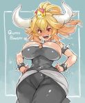  bare_shoulders blonde_hair blue_eyes bowsette bracelet breasts collar commentary_request crown dress horns jewelry large_breasts mario_(series) new_super_mario_bros._u_deluxe ponytail sachito spiked_bracelet spiked_collar spikes super_crown super_mario_bros. 