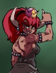  2018 alternate_species bowser bowsette_meme breasts clothed clothing collar crossgender crown female gradient_background green_background hair horn horned_humanoid humanoid koopahime looking_at_viewer looking_back mario_bros muscular muscular_female nintendo nipple_bulge open_mouth open_smile orange_eyes plagueofgripes rear_view red_hair sharp_teeth side_boob simple_background smile super_crown teeth video_games 