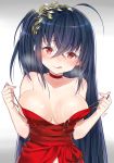  :q ahoge artist_name azur_lane bangs bare_shoulders black_hair blush breasts choker closed_mouth cocktail_dress collarbone commentary_request covered_nipples cum cum_on_body cum_on_breasts cum_on_upper_body dress eyebrows_visible_through_hair fingernails goyain gradient gradient_background grey_background hair_between_eyes hands_up head_tilt highres large_breasts long_hair one_side_up pulled_by_self red_choker red_dress red_eyes signature smile solo strap_pull taihou_(azur_lane) tongue tongue_out upper_body very_long_hair white_background 