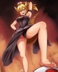  :o absurdres anger_vein armlet armpits bare_legs bare_shoulders barefoot black_leotard black_skirt blonde_hair blue_eyes bowsette bracelet breasts collar commentary_request crown dress fangs feet from_below gem hand_on_hip highres horns izuthree jewelry large_breasts leotard long_hair looking_at_viewer mario_(series) new_super_mario_bros._u_deluxe open_mouth ponytail skirt solo spiked_bracelet spiked_collar spikes stepped_on strapless strapless_dress super_crown tail turtle_shell v-shaped_eyebrows 