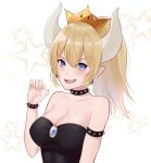  :d armlet bangs bare_shoulders blonde_hair blue_eyes blush bonkithy bowsette bracelet breasts claw_pose cleavage collar collarbone commentary_request crown earrings eyebrows_visible_through_hair fang hand_up highres horns jewelry large_breasts long_hair looking_at_viewer mario_(series) new_super_mario_bros._u_deluxe open_mouth pointy_ears ponytail smile solo spiked_armlet spiked_bracelet spiked_collar spikes star starry_background super_crown upper_body v-shaped_eyebrows 