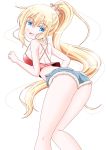  :d asobi_asobase ass blonde_hair blue_eyes blush camisole commentary_request cutoffs highres imai_kazunari leaning_forward long_hair looking_back olivia_(asobi_asobase) open_mouth ponytail short_shorts shorts smile solo standing very_long_hair 