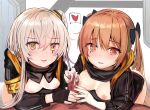  2girls :3 :d armband bangs black_bow black_gloves black_jacket blush bottomless bow breasts brown_eyes brown_hair censored commentary_request cum eyebrows_visible_through_hair fingerless_gloves fingernails girls_frontline gloves hair_between_eyes hair_bow hair_ornament handjob heart hetero hood hood_down hooded_jacket jacket leaning_forward light_brown_hair long_hair long_sleeves looking_at_viewer marisayaka medium_breasts mosaic_censoring multiple_girls navel nipples nose_blush one_side_up open_clothes open_jacket open_mouth out_of_frame penis pov shared_speech_bubble small_breasts smile speech_bubble spoken_heart twintails two-handed_handjob ump45_(girls_frontline) ump9_(girls_frontline) very_long_hair 