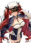  adjusting_hair azur_lane between_breasts breasts chain cleavage collaboration commentary elbow_gloves english_commentary garter_straps gloves hair_ribbon hand_on_hip hat honolulu_(azur_lane) jacket_on_shoulders jun_project large_breasts long_hair military_hat orange_eyes red_hair ribbon sakon04 simple_background solo turret twintails very_long_hair white_background 