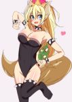  absurdres artist_request black_legwear blonde_hair bowsette bracelet collar crown highres horns jewelry leotard lizard_tail long_hair mario_(series) new_super_mario_bros._u_deluxe pointy_ears ponytail source_request spiked_shell super_crown tail thighhighs 