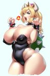  absurdres bare_shoulders blonde_hair blue_eyes bowsette bracelet breasts cleavage commentary_request covered_nipples crown earrings eyeshadow fire highres horns huge_breasts huge_filesize jewelry leotard long_hair makeup mario mario_(series) new_super_mario_bros._u_deluxe pointy_ears simple_background solo space_(uchuu) spiked_armlet spiked_bracelet spiked_shell spikes super_crown thick_thighs thighs white_background 