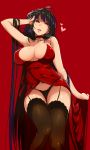  ahoge azur_lane bangs bare_shoulders black_hair black_legwear black_panties breasts choker cleavage cocktail_dress collarbone commentary_request covered_nipples dress garter_straps hair_ornament hand_in_hair heart highres hips large_breasts long_hair looking_at_viewer navel panties parted_lips red_background red_choker red_dress red_eyes smile solo taihou_(azur_lane) thighs tokiwa_midori_(kyokutou_funamushi) underwear very_long_hair 