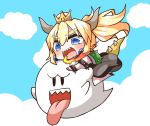  :d absurdres bangs black_dress black_footwear blonde_hair blue_eyes blue_sky boo bowsette bracelet chibi cloud commentary_request crown day dress eyebrows_visible_through_hair fire flying hair_between_eyes high_heels highres horns jako_(jakoo21) jewelry long_hair mario_(series) mini_crown new_super_mario_bros._u_deluxe open_mouth outdoors ponytail sharp_teeth sky smile spiked_bracelet spiked_shell spiked_tail spikes super_crown super_mario_bros. tail teeth tongue tongue_out turtle_shell v-shaped_eyebrows 