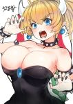  bangs bare_shoulders black_dress black_nails blonde_hair blue_eyes bowsette bracelet breasts claw_pose cleavage collar commentary_request crown dress earrings eyebrows_visible_through_hair hair_between_eyes horns jewelry kawakami_masaki large_breasts mario_(series) mushroom nail_polish new_super_mario_bros._u_deluxe open_mouth pointy_ears ponytail sharp_teeth simple_background solo spiked_armlet spiked_bracelet spiked_collar spikes strapless strapless_dress super_crown teeth turtle_shell white_background 