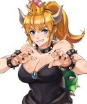  armlet bare_shoulders black_dress black_nails blonde_hair blue_eyes bowsette bracelet breasts cleavage collar commentary crown dress highres horns jewelry kamu_(kamuuei) large_breasts long_hair looking_at_viewer mario_(series) nail nail_polish new_super_mario_bros._u_deluxe ponytail shiny shiny_hair simple_background solo spiked_bracelet spiked_collar spikes strapless strapless_dress super_crown turtle_shell white_background 