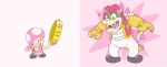 1girl :o armlet artist_request black_footwear bowser bracelet drawfag genderswap genderswap_(ftm) highres horns jewelry mario_(series) nail_polish new_super_mario_bros._u_deluxe pants pink_background pink_hair pink_nails pun short_twintails spiked_armlet spiked_bracelet spikes standing super_mario_bros. tail thick_eyebrows toadette transformation twintails white_pants 