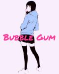  black_eyes black_hair black_legwear bubble_blowing chewing_gum english from_behind full_body hands_in_pockets highres hood hood_down hoodie ilya_kuvshinov legs_apart long_hair looking_at_viewer looking_back original shorts solo standing thighhighs white_background 