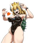  bad_id bad_twitter_id bare_shoulders black_leotard blonde_hair blue_eyes bowsette bracelet breasts collar commentary_request crown highres horns jewelry large_breasts leotard long_hair mario_(series) new_super_mario_bros._u_deluxe open_mouth sharp_teeth solo spiked_bracelet spiked_collar spikes super_crown tail teeth turtle_shell white_background yaruku 