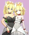  asymmetrical_docking bare_shoulders black_dress black_sclera blonde_hair blush bowsette bracelet breast_press character_request closed_mouth collar commentary_request crown dress dry_bowser eyebrows_visible_through_hair fangs_out flat_chest horns jewelry looking_at_viewer mario_(series) multiple_girls new_super_mario_bros._u_deluxe outline pale_skin pink_background pointy_ears ponytail simple_background smile spiked_bracelet spiked_collar spikes standing standing_on_one_leg super_crown super_mario_bros. uro_(oolong) white_dress white_outline yellow_eyes 