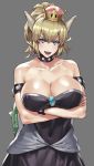  bare_shoulders blonde_hair blue_eyes bowsette bracelet breasts collar commentary crown cuboon dress horns jewelry large_breasts mario_(series) new_super_mario_bros._u_deluxe ponytail spiked_bracelet spiked_collar spikes super_crown super_mario_bros. 