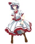  boots commentary_request dress hat highres holding_skirt looking_at_viewer minakamimura mob_cap purple_hair red_eyes remilia_scarlet short_sleeves smile touhou 