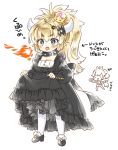  blonde_hair bowsette chibi commentary_request crown dress frilled_dress frills gothic_lolita hair_ribbon horns lolita_fashion mario_(series) new_super_mario_bros._u_deluxe pantyhose ribbon sharp_teeth sumachii super_crown teeth younger 