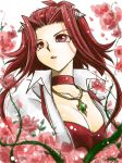  81_(pixiv813758) breasts choker cleavage floating_hair flower izayoi_aki jewelry large_breasts looking_up necklace parted_lips pink_flower pink_rose red_eyes red_hair rose short_hair_with_long_locks sidelocks sketch solo upper_body yuu-gi-ou yuu-gi-ou_5d's 