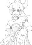  artist_request bowsette crown dress earrings fangs horns jewelry mario_(series) monochrome new_super_mario_bros._u_deluxe sketch source_request super_crown 