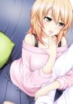  bare_shoulders blonde_hair blush earrings eyebrows_visible_through_hair fingers_to_mouth hair_between_eyes highres isshiki_iroha jewelry long_hair open_mouth pillow skirt solo_focus yahari_ore_no_seishun_lovecome_wa_machigatteiru. yellow_eyes yuu_(oosakazaijyuu) 