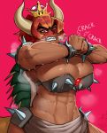  abs absurdres adapted_costume armlet bangs bikini_top blush borrowed_design bowser_jr. bowsette bracelet breasts cleavage clenched_hand clenched_teeth collar cracking_knuckles crown dark_skin eyebrows hands_up highres hips horns huge_breasts jewelry krekk0v mario_(series) muscle muscular_female new_super_mario_bros._u_deluxe nose_blush pink_background red_eyes red_hair sharp_teeth simple_background skindentation skirt solokov_(okb-999) sound_effects spiked_armlet spiked_bracelet spiked_collar spiked_shell spikes stomach super_crown sweat tail teeth upper_body v-shaped_eyebrows wide_hips 
