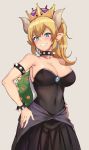  alp armlet bare_shoulders black_dress blonde_hair blue_eyes bowsette bracelet breasts collar covered_navel crown dress highres horns jewelry large_breasts long_hair looking_at_viewer mario_(series) new_super_mario_bros._u_deluxe ponytail shiny shiny_hair shiny_skin simple_background solo spiked_bracelet spiked_collar spikes standing strapless strapless_dress super_crown tail turtle_shell 