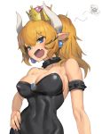  absurdres bare_shoulders blonde_hair blue_eyes blush bowsette bracelet breasts collar commentary_request crown dress highres horns jewelry large_breasts mario_(series) new_super_mario_bros._u_deluxe ponytail romana spiked_bracelet spiked_collar spikes super_crown super_mario_bros. 