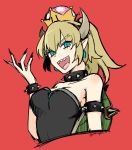  :d armlet bare_shoulders black_dress black_nails blonde_hair blue_eyes borrowed_design bowsette bracelet breasts cleavage collar commentary_request cropped_torso crown dress duplicate earrings hand_up horns jewelry long_hair looking_at_viewer mario_(series) md5_mismatch medium_breasts nail_polish new_super_mario_bros._u_deluxe open_mouth pointy_ears ponytail red_background sharp_teeth simple_background smile solo spiked_bracelet spiked_collar spikes strapless strapless_dress super_crown teeth turtle_shell twitter_username upper_body yuri_(monomelody) 